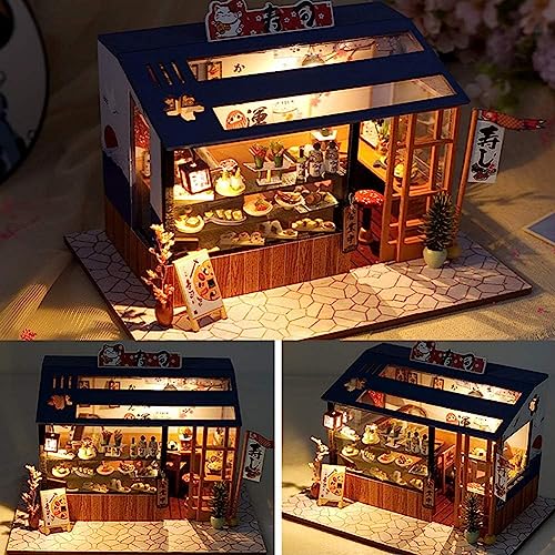 Food and Play Shop Series Dollhouse Kit,Assembled Toy Houses with Funiture Model Kits for Sushi Shop/Ice Cream Shops/Dessert Shop 3D Creative Birthday New Year DIY Gift Present (Sushi Shop) - Image 5