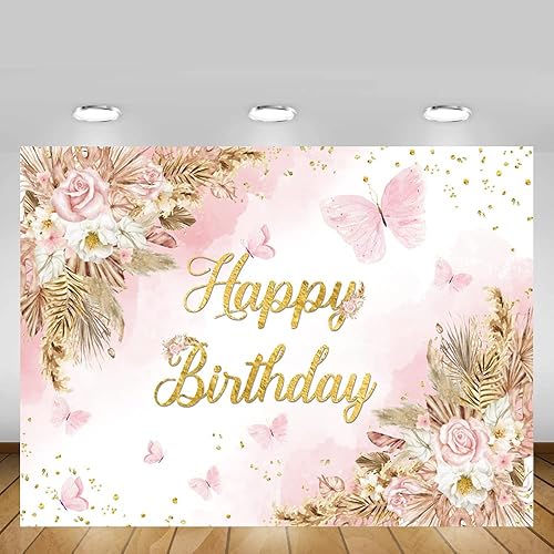 Miniatura 5 de MEHOFOND Telón de fondo bohemio de feliz cumpleaños de 7 x 5 pies para niñas, color rosa rubor, floral, bohemio, hierba de pampas, pasteles,