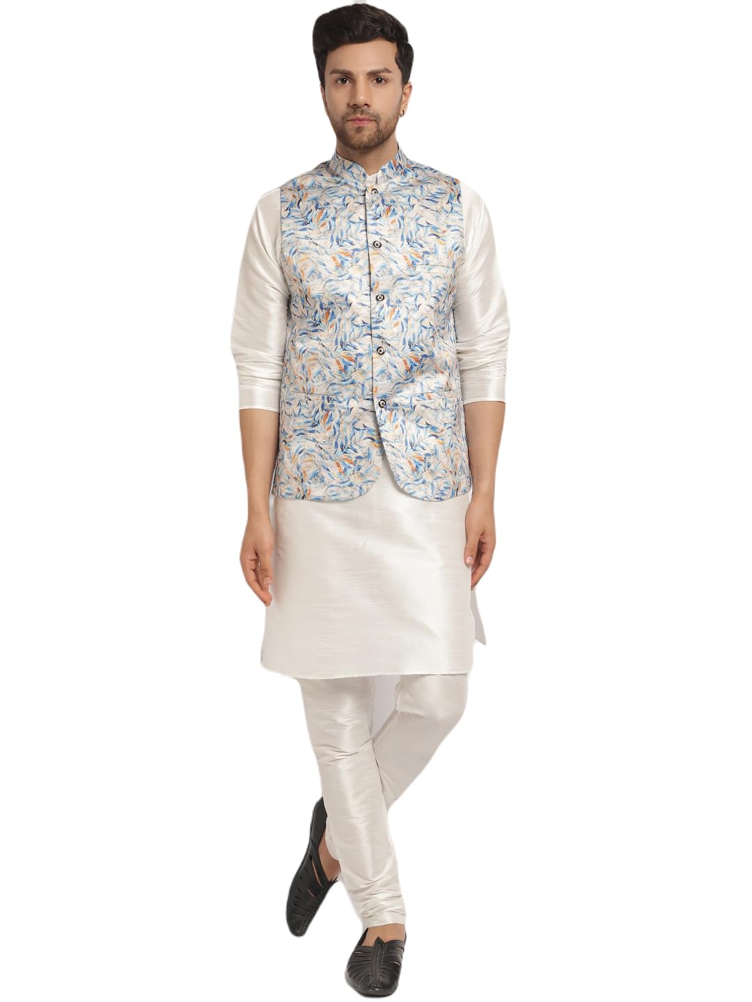 abh lifestyle Men's White Silk Kurta Pyjama With Printed Nehru Jacket-picture-12