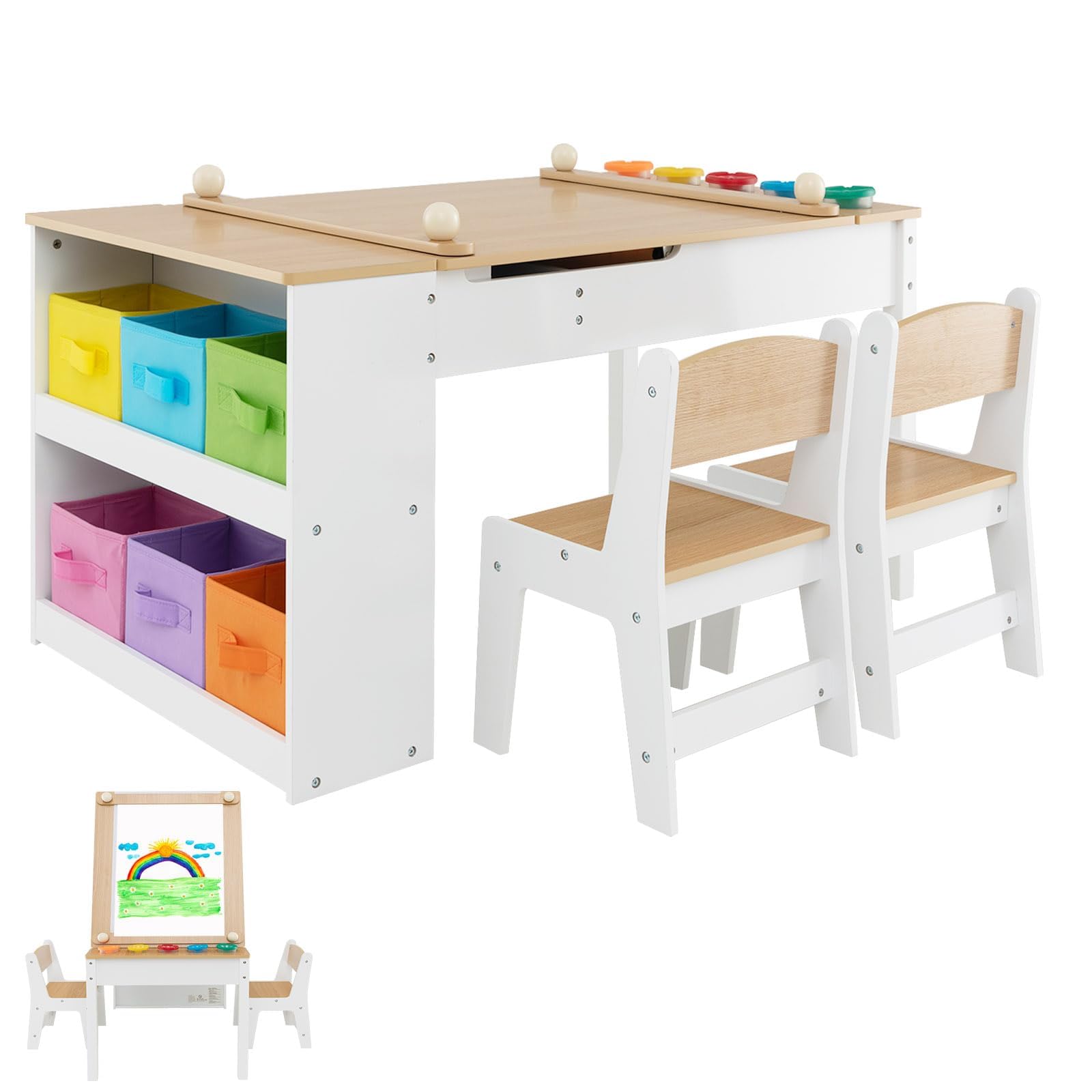 LIFEZEAL Tavolino Bambini, 3 Pezzi in Legno, Tavolo per Bambini con Sedie, Tavolo Artistico, con Piano Sollevabile, Rullo di Carta, Vaschette per Vernici e 6 Contenitori, per Bimbi 3 Anni + (colorate)