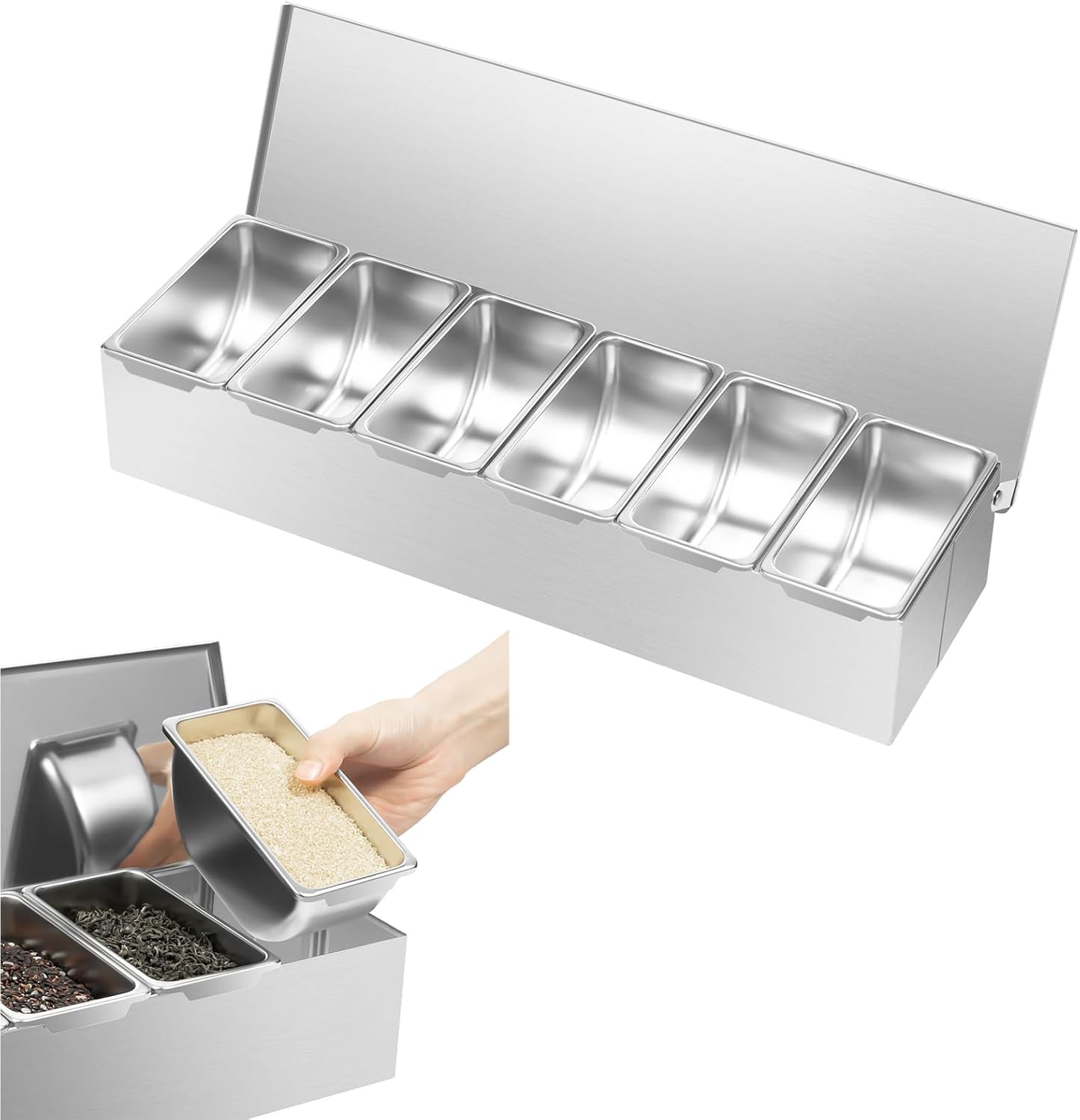Distributeur de condiments en acier inoxydable avec 6 compartiments et couvercles rabattables, boîte d'assaisonnement amovible pour cuisine, restaurant, buffet et service alimentaire