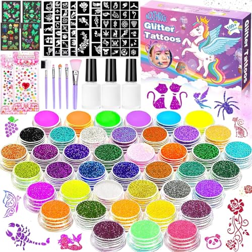 NCKIHRKK Kit Tatouage Paillettes Enfant Filles,42 Couleurs de Paillettes Tatouage Ephemere,145...