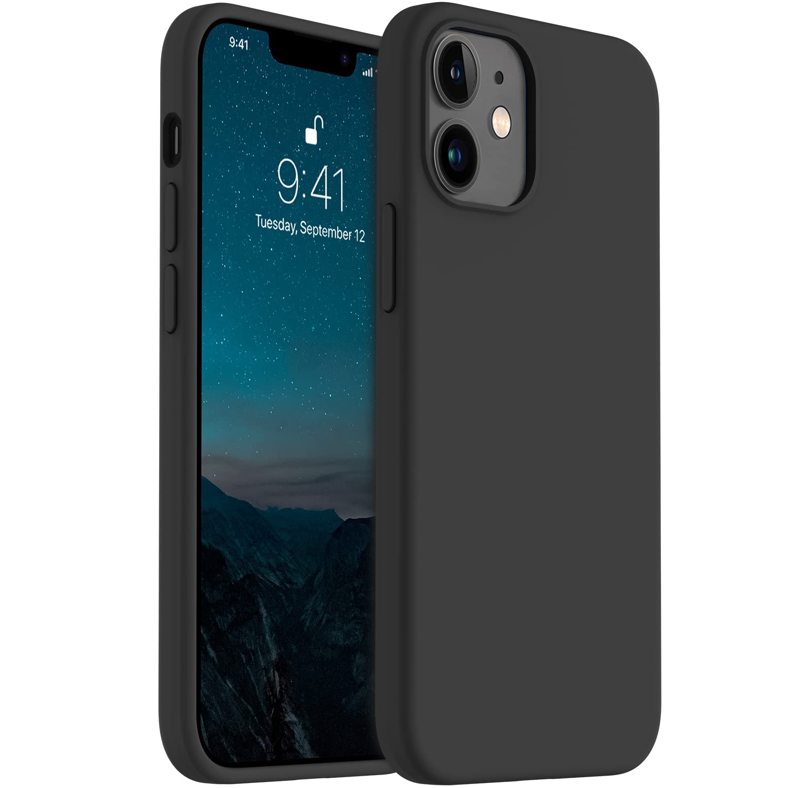 AOTESIER Stoßfeste Schutzhülle für iPhone 12 Mini, flüssiges Silikon in Lebensmittelqualität, mit weichem kratzfestem Mikrofaserfutter, Fallschutz, 13,7 cm (5,4 Zoll), schlanke, dünne Hülle, Schwarz