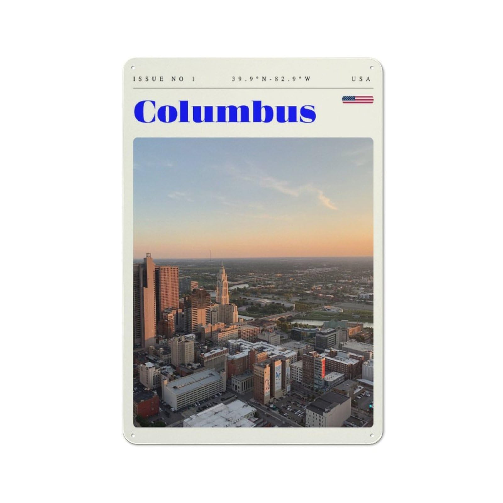 Junmoney Style-1 Columbus Ohio Skyline Sunset Travel Art Everyday Metal Wall Decor 30X20cm, Decorative Tin Plaque For Flat, Dorm Room, Lounge Or Cafe