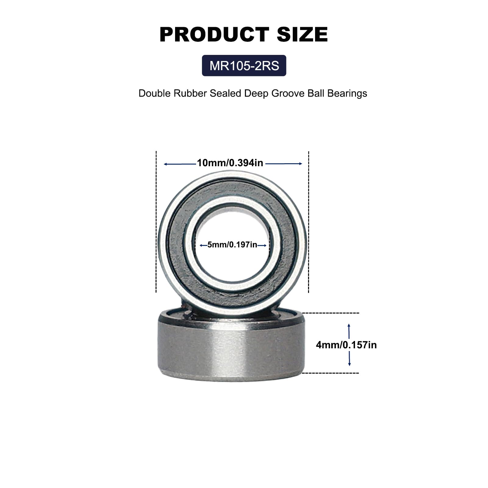 10 PCS MR105-2RS Deep Groove Ball Bearings - 5x10x4mm Double Sealed, Chrome Steel, Z2 Grade for RC Cars, Drones, Robotics, and Small Electric Motors (MR105 RS) - 2
