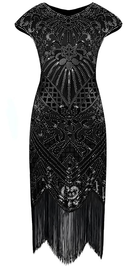 Image of 868A - Plus Size 1920s Vintage Fringed Gatsby Sequin Cold Shoulder Tassels Flapper Party Cocktail Dress with Accessories