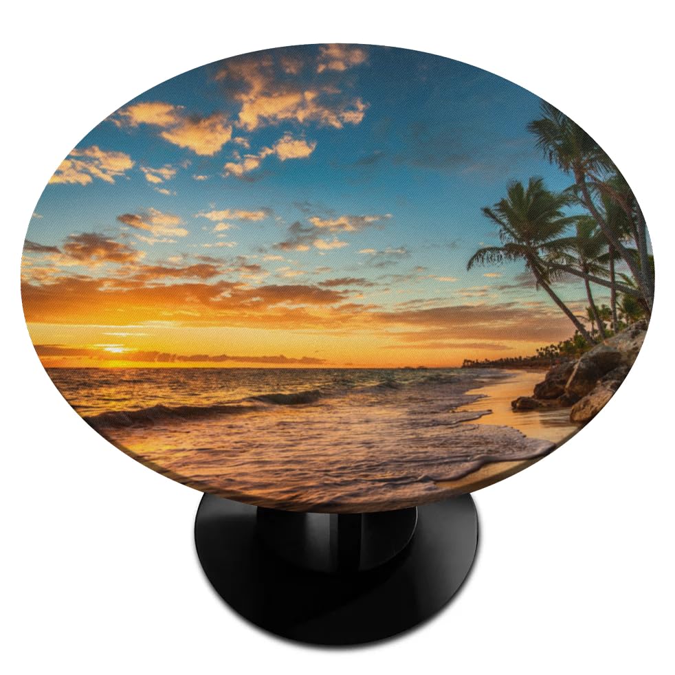 cfpolar Round Fitted Tablecloth, Palm Tree Beach Print Elastic Edge Table Cover Wipeable Round Table Cloth for Indoor Outdoor Use Fits Tables up to 45