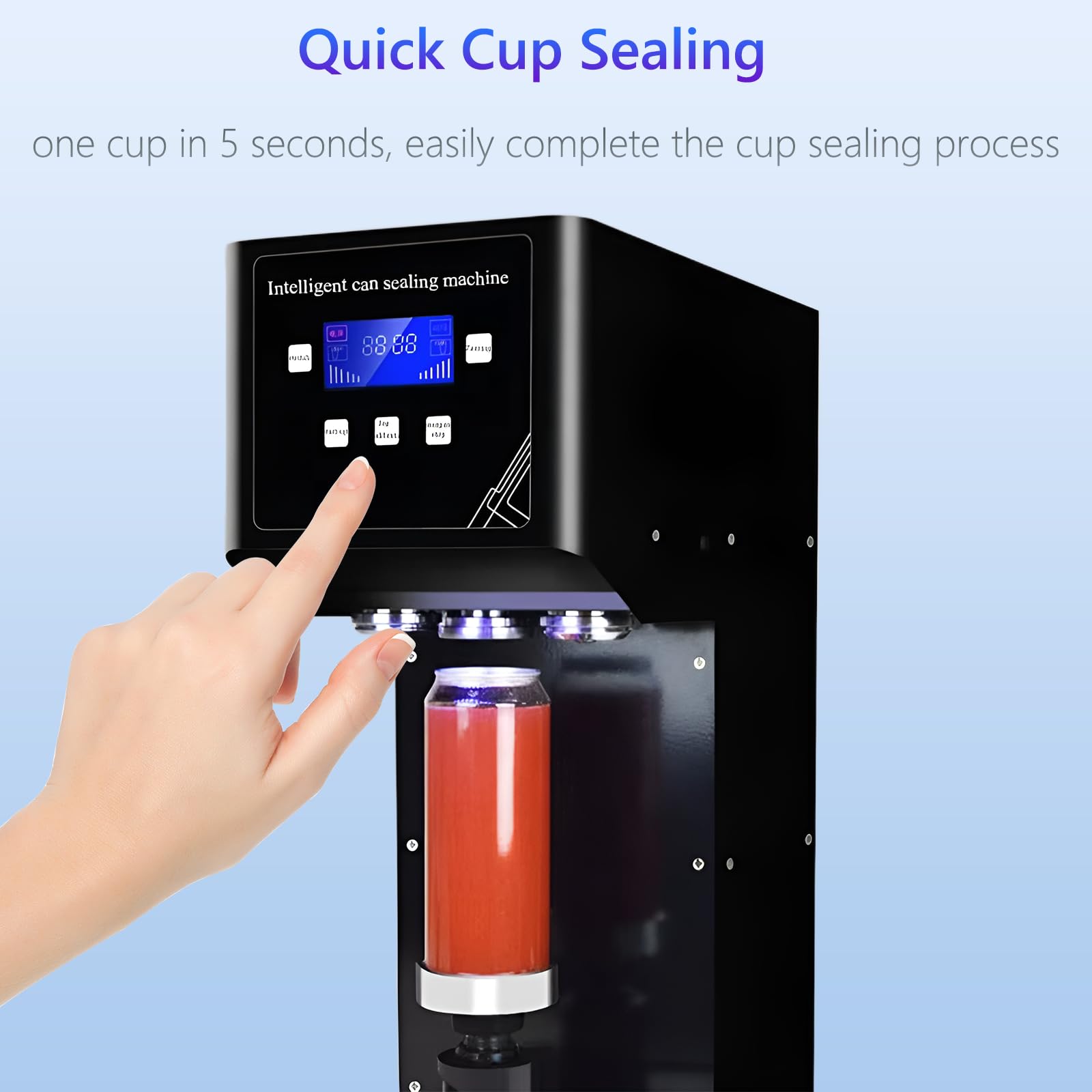 Machine de scellage automatique de canettes de 55 mm, machine à sceller électrique 415 W, hauteur d'étanchéité de 11,51 cm/17 cm/10 à 20 tasses/vitesse de scellage mini/contrôle numérique LCD