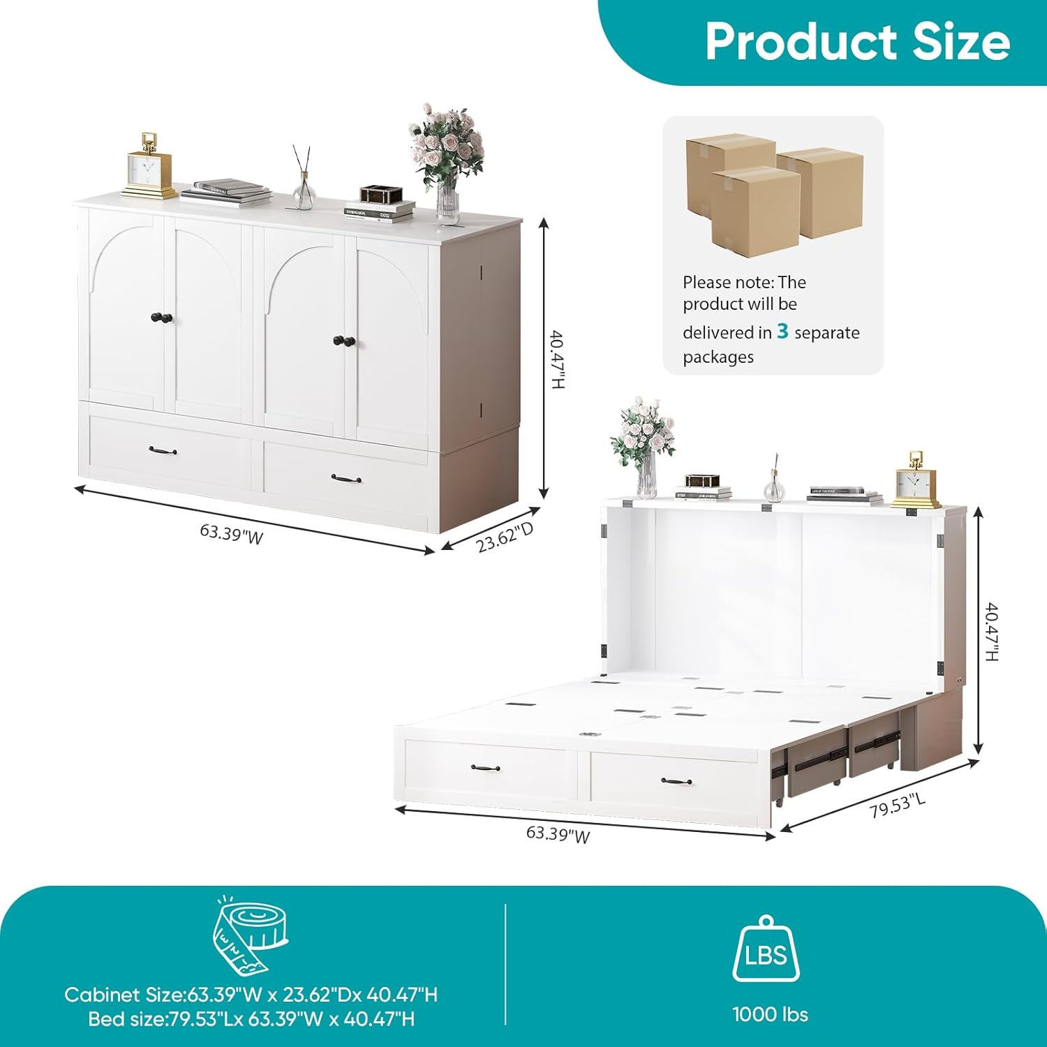 BALUS Murphy Cabinet Bed, Queen Size Cube Cabinet Beds with 2 Large Storage Drawers, Hidden Murphy Chest Bed Cabinets with USB Charging Station for Guest Room Living Room, No Mattress-White