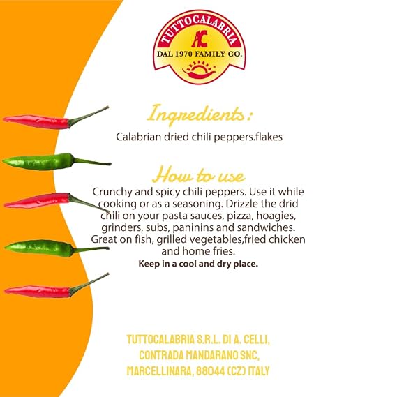 TUTTOCALABRIA Calabrian Crushed Dry Chili Pepper Flakes, Large Shaker, 250g
