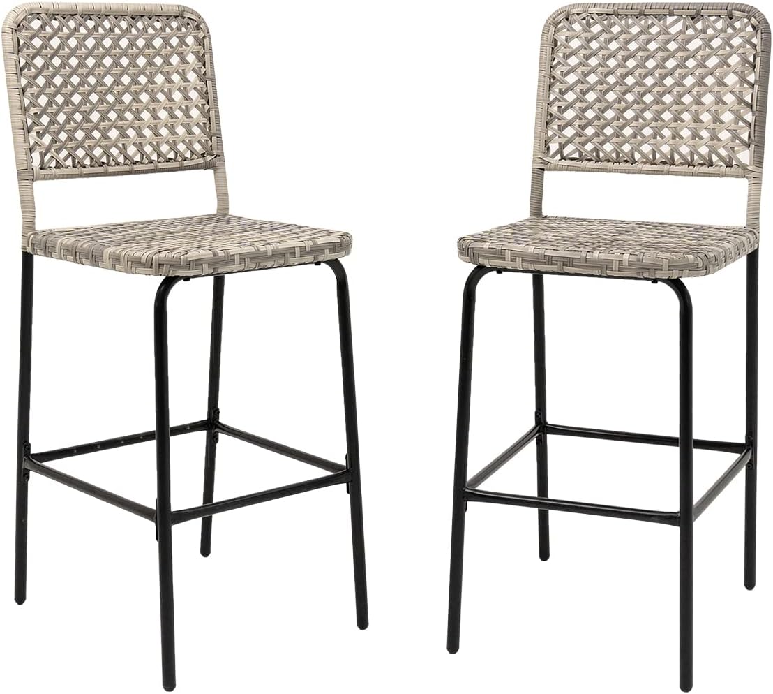 Sundale Outdoor Patio Bar Stools Set of 2, Hand Woven PE Rattan Hollow Back Armless Barstools for Deck Yard Porch, All-Weather Gradient Grey Wicker Outside Tall Chair Set