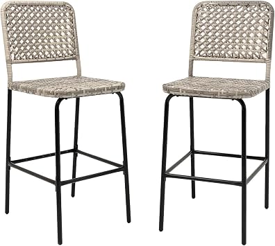Sundale Outdoor Patio Bar Stools Set of 2, Hand Woven PE Rattan Hollow Back Armless Barstools for Deck Yard Porch, All-Weather Gradient Grey Wicker Outside Tall Chair Set