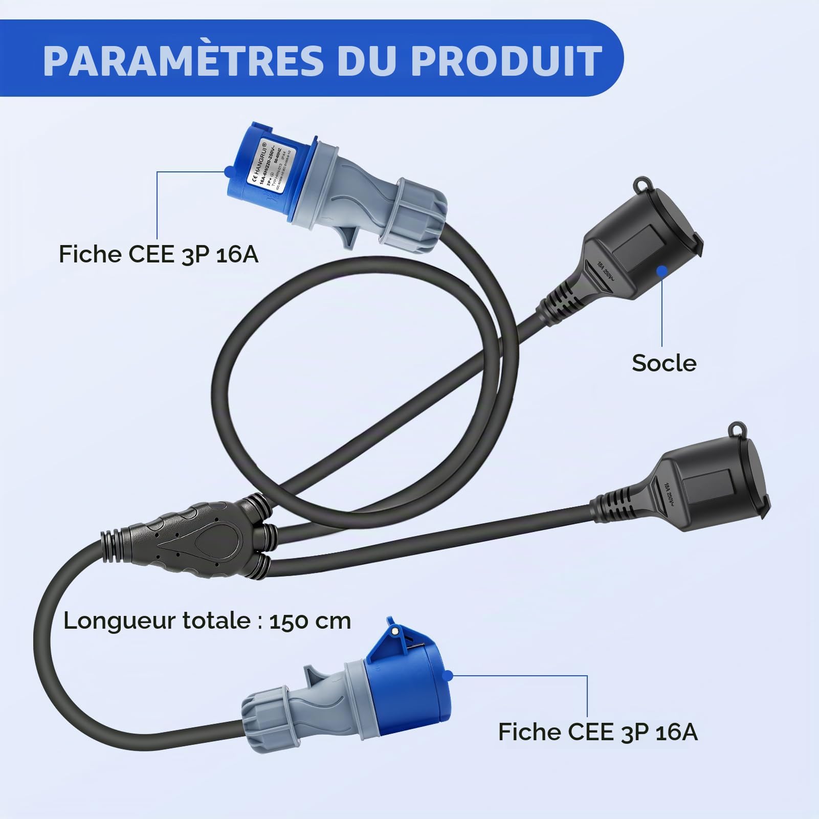 Adaptateur Prise 2 Schuko et 1 CEE 16 A, 250 V, 150 cm | Prise Adaptateur Camping - Adaptateur Prise Caravane - Câble en Caoutchouc H07RN-F 3G1,5 mm² IP44 Câble Adaptateur