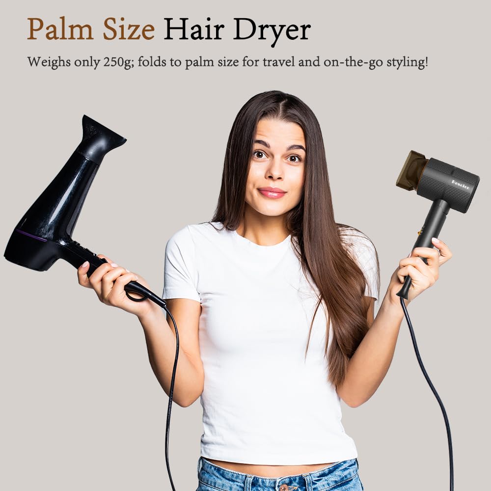 Sèche-cheveux ionique 2000W [Petit/Pliable - 10 x 7 x 19cm/250g] Noir | Sèche-cheveux de voyage avec Concentrateur & diffuseur, Hair Dryer séchage rapide, utilisable en salon