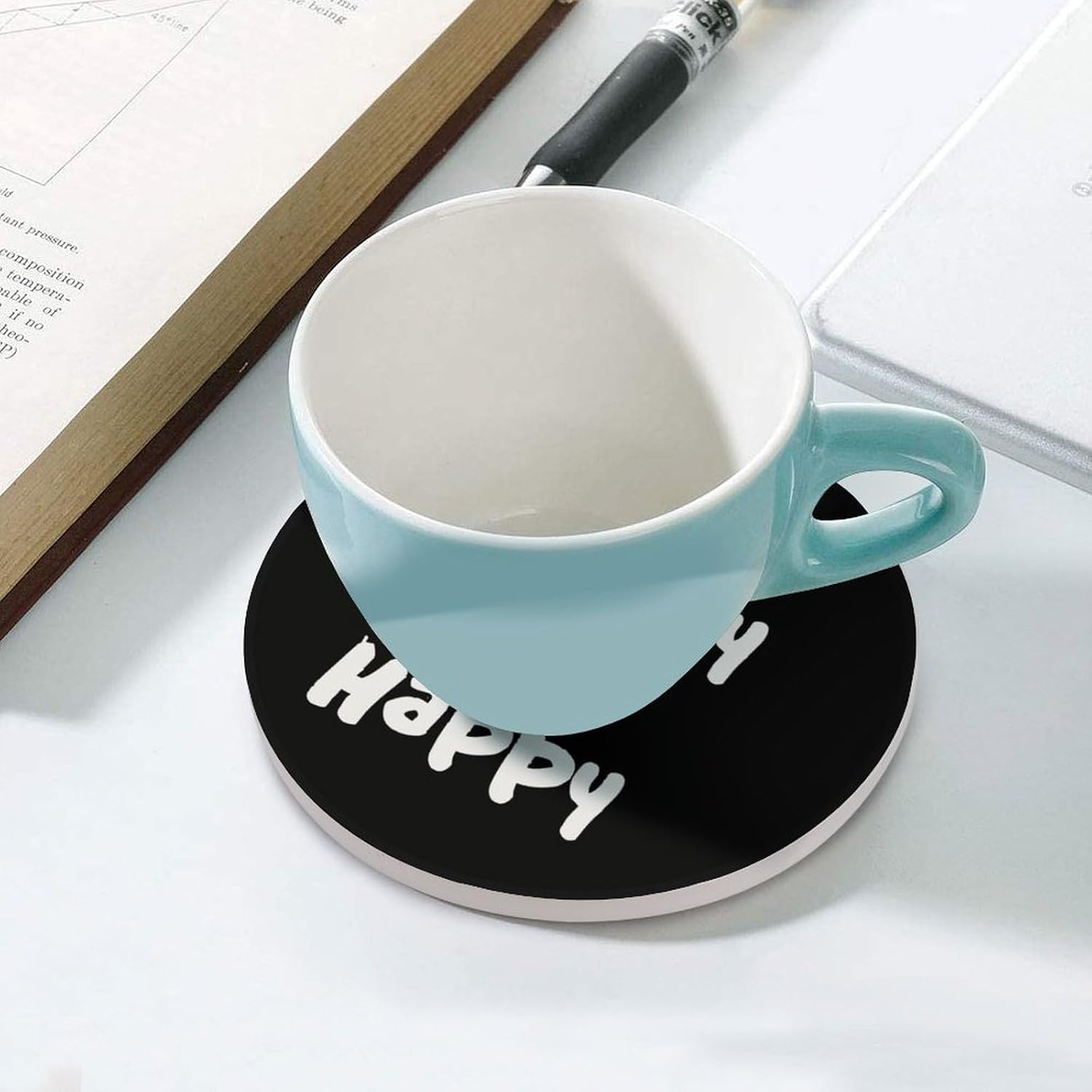 Don't Worry Be Happy Round Ceramic Coasters Print Drinks Absorbent with Cork Base for Home Decor Gifts 4 Inch