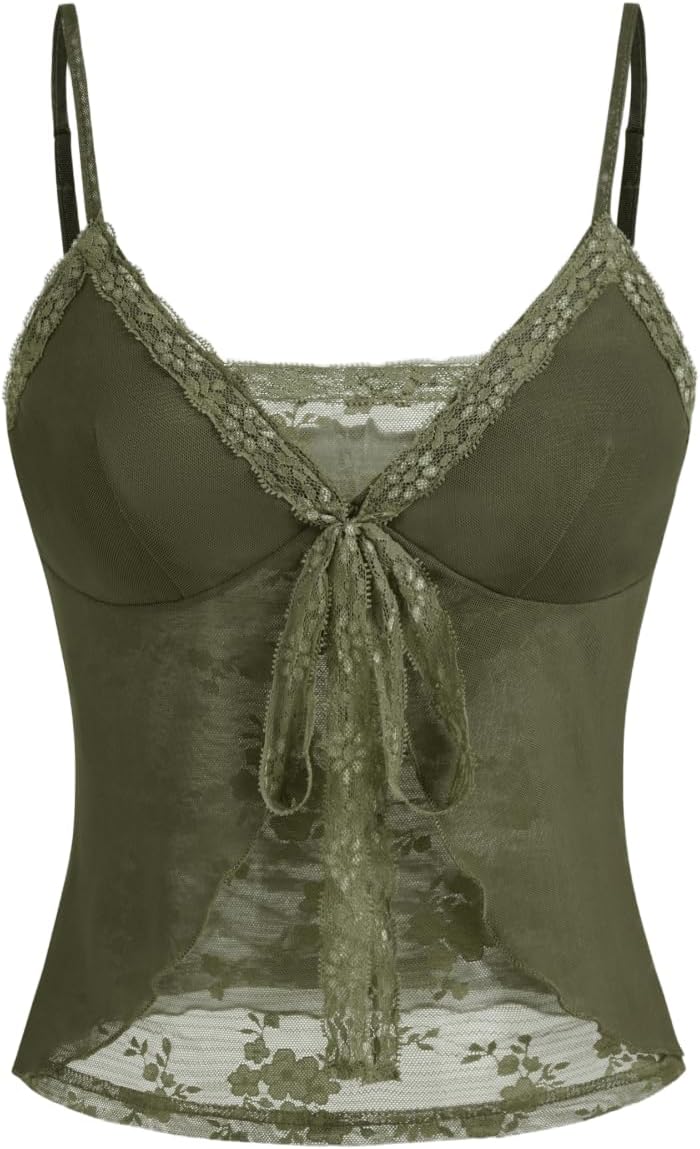 CIDER Tank Top Lace Trim Cami Y2K V Neck Sleeveless Knotted Going Out Top Lace Strap