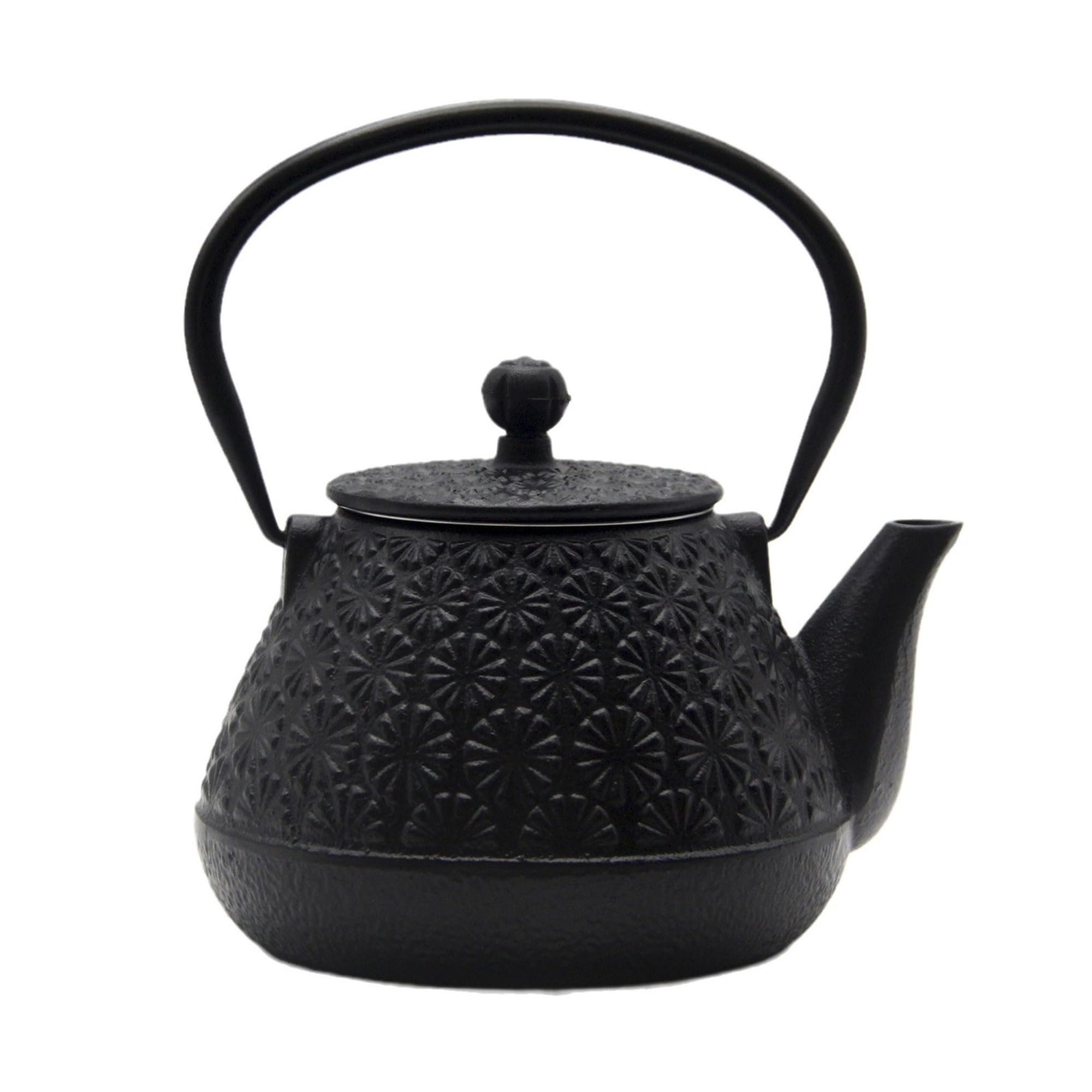 20.3oz Small Cast Iron Teapot, SECHUDO Tea Kettle for Stovetop Safe Coated with Enameled Interior, Japanese Style Tea Pot with Stainless Steel Infuser for Loose Tea (Black Gerbera Pattern)