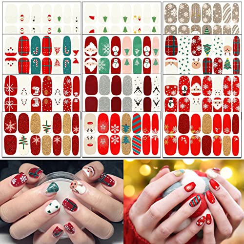 TailaiMei 12 Sheets Christmas Full Wraps Nail Polish Stickers, Self-Adhesive Nail Art Decals Strips with 2Pc Nail File, Glitter Manicure Kits for Nail Art Design
