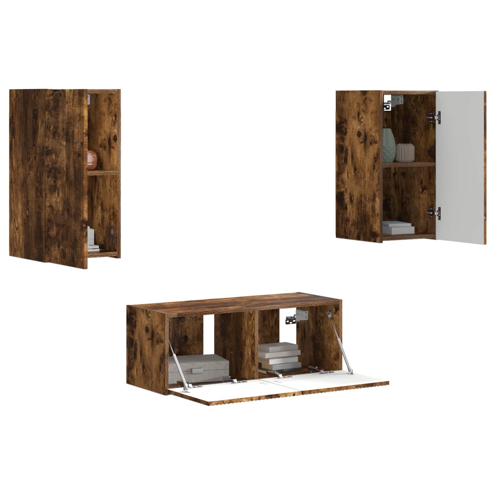 6-Piece Floating TV Stand Set, Smoked Oak Wall Mounted Console | Made of durable engineered wood, this space-saving media center optimizes storage in living rooms and media corners.