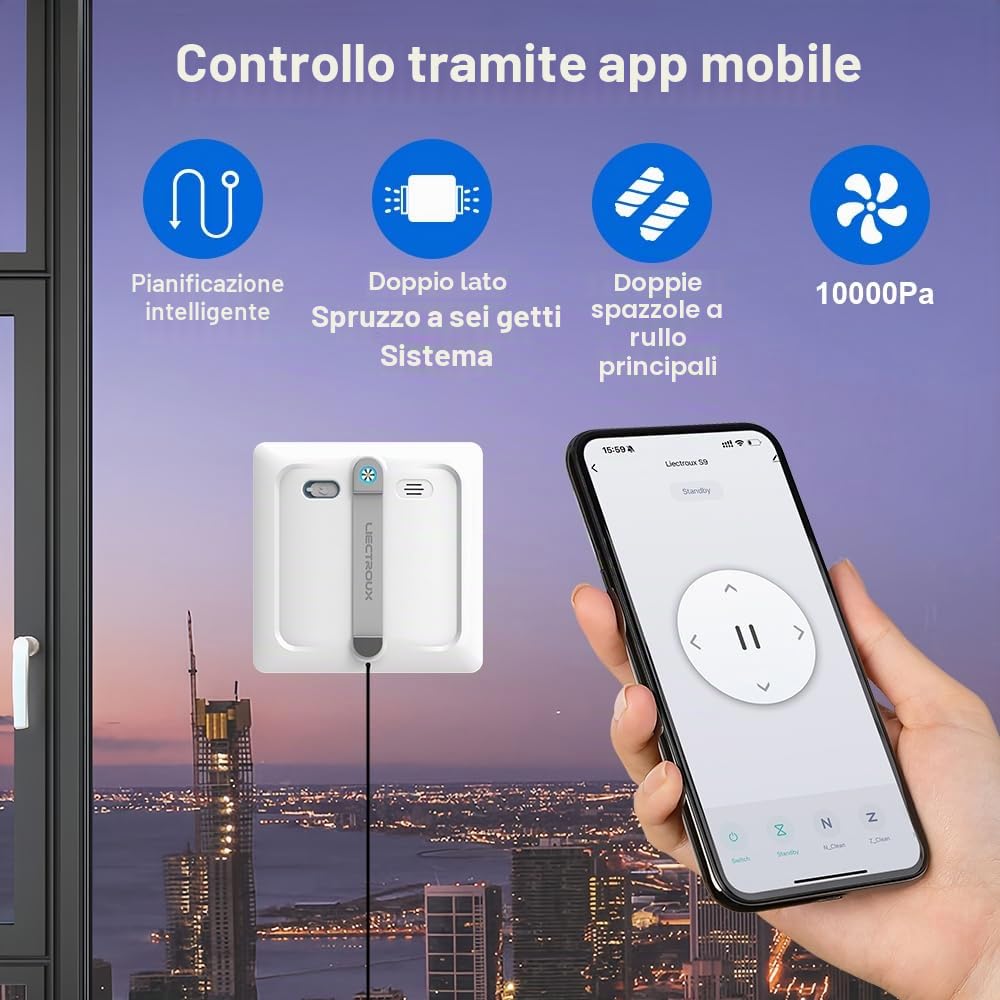 LIECTROUX Robot lavavetri S9, 2 spazzole rotanti, spruzzatura pompa 6 ugelli, motore senza spazzole, aspirazione 9KPa, vetri senza telaio, 8 microruttori, corda + cavo 2in 1, app e telecomando