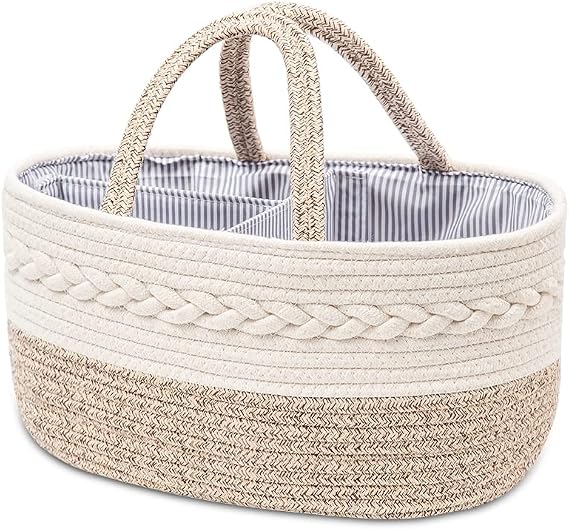 Baby Nappy Caddy Organiser,Portable Cotton Rope Woven diaper Caddy-Nursery Storage, DIY Basket with Changeable Compartments, Newborn Shower Gift Tote Bag (Beige)