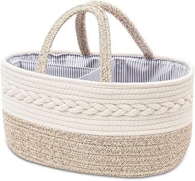 Baby Nappy Caddy Organiser,Portable Cotton Rope Woven diaper Caddy-Nursery Storage, DIY Basket with Changeable Compartments, Newborn Shower Gift Tote Bag (Beige)