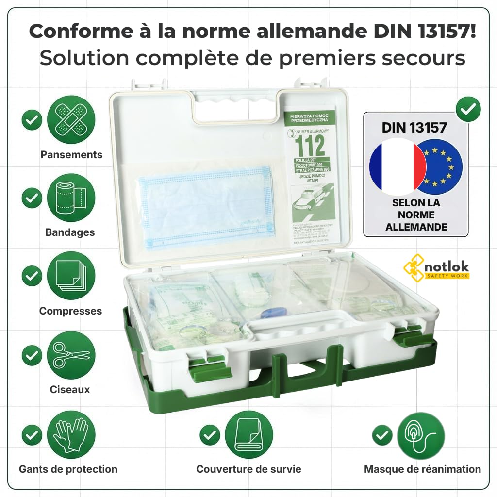 Trousse de Secours Complete DIN 13157 | Trousse Premier Secours - Boîte Pharmacie Murale | Pour Entreprise & Maison | Kit avec Pansements & Couverture de Survie Isothermique