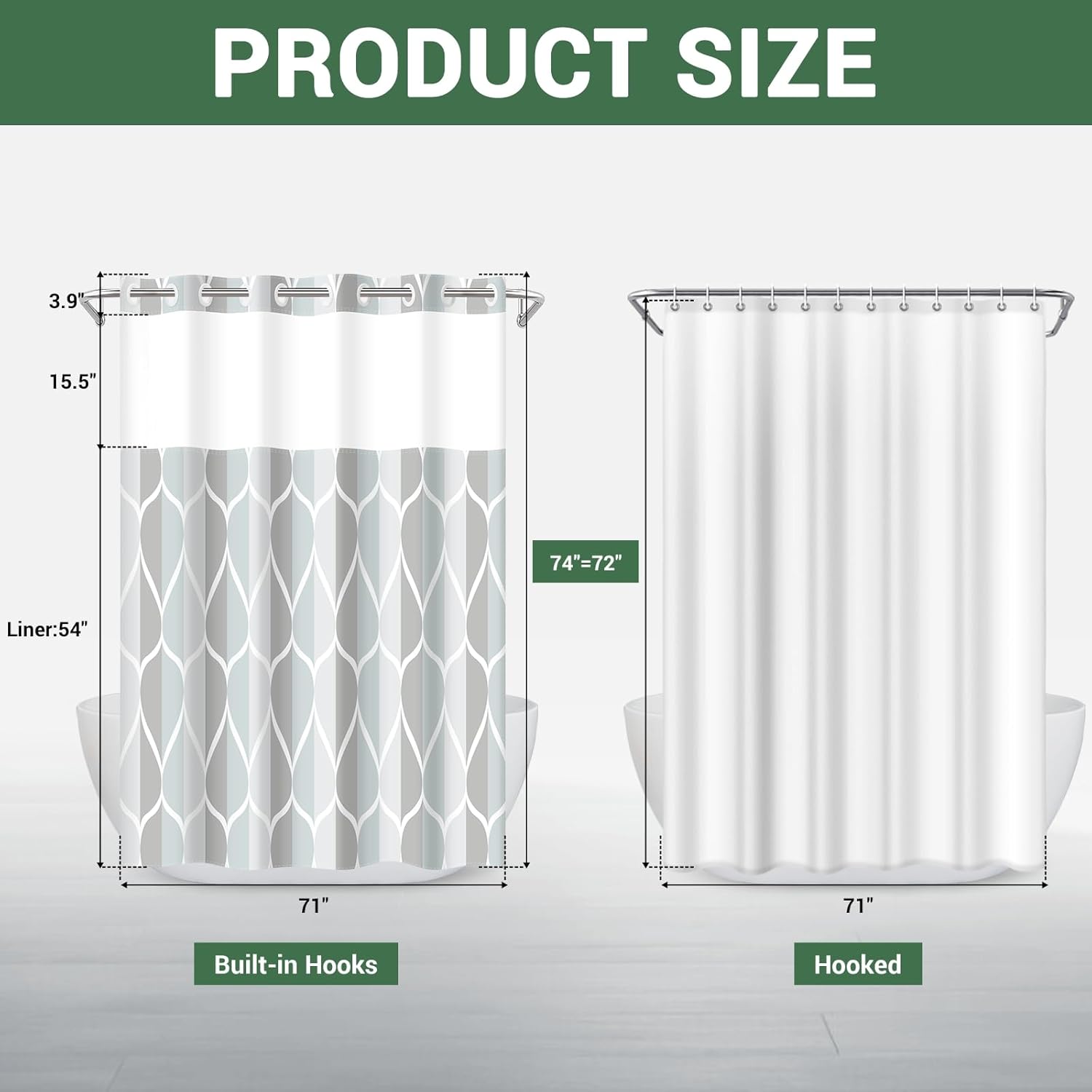 Yiatn No Hook Shower Curtain with Snap-in Liner, Gray Geometric Waterdrop Design, Machine Washable & Waterproof Polyester Bath Curtain, 71x74 Inch