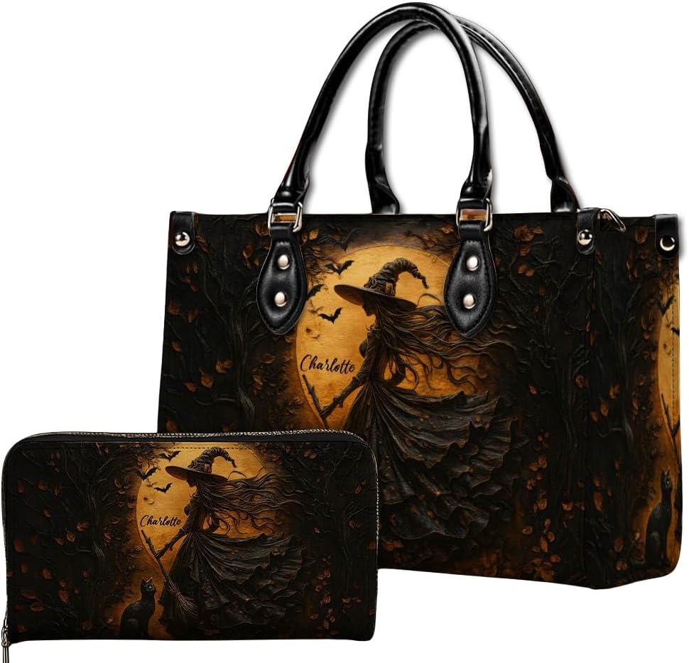 Personalized Witch Leather Purses and Handbags For Women, Custom Halloween 3D Printing Effect Purses & Handbags With Handle, Witches Purse, Halloween Handbag, Spooky Gothic Bag, Halloween Witchy Gifts