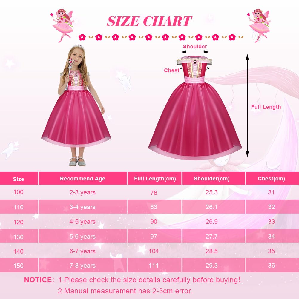 BSBUY Costumi Principessa Aurora, 6 PCS Vestito Bambina Bella Addormentata con Accessori, Abiti Rosa da Carnevale Halloween (110cm)