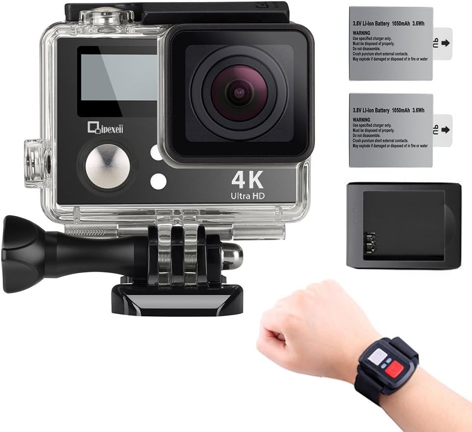 4K WiFi Sports Action Camera,Underwater Camcorder Qipexeii Double Screen Sony Sensor 100 Feet Waterproof 170° Wide Angle with 2.4G Remote Control,2 Pcs Rechargeable Batteries (Black)
