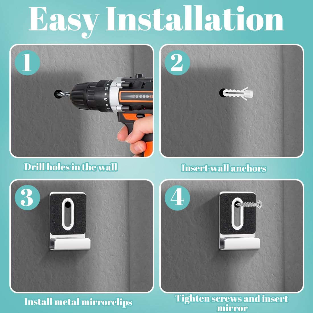 12 Pezzi ganci per specchio a muro, Supporto Specchio, Ganci per Quadri, Acciaio Inossidabile Clip di Fissaggio Pesanti, Quadrato Gancio Porta Specchio, con Tubo di Espansione e Viti(Argento)