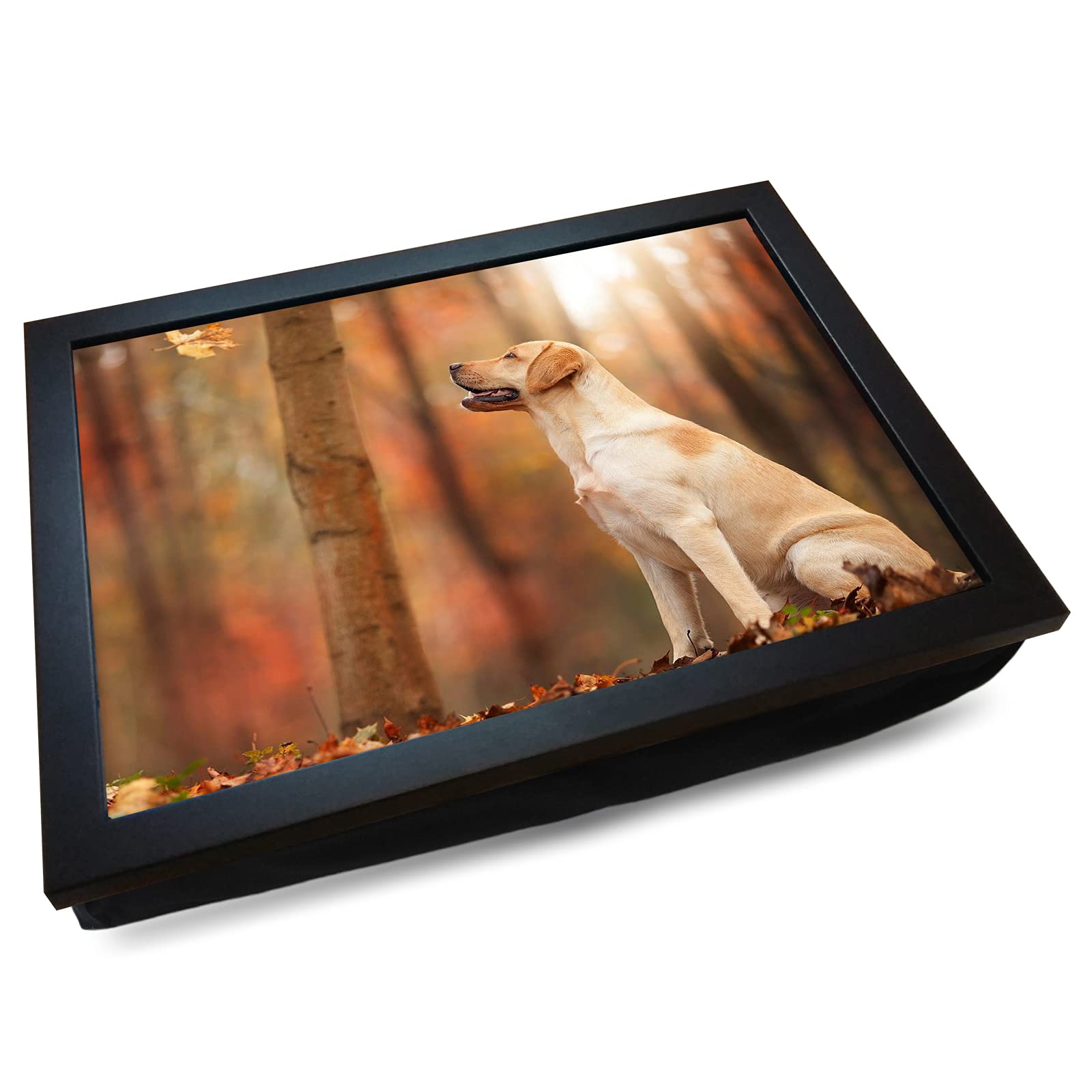 mooki Deluxe Cushioned Lap Tray | Labrador Dog in the Autumn Forest | Wooden Frame | Bean Bag Cushion Base | #JL