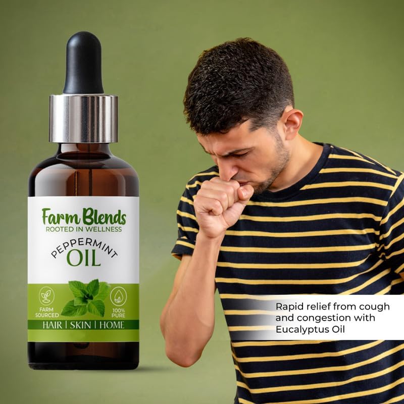 Image of Farm Blends Peppermint Essential Oil 100% Undiluted Pure | Headache Relief, Anti Acne, Anti Dandruff, Relaxes Muscle, Cough Relief, Keeps Rats Away | Farm To Home | Natural | Mentha piperita|30ML + 30ML (Pack of 2)