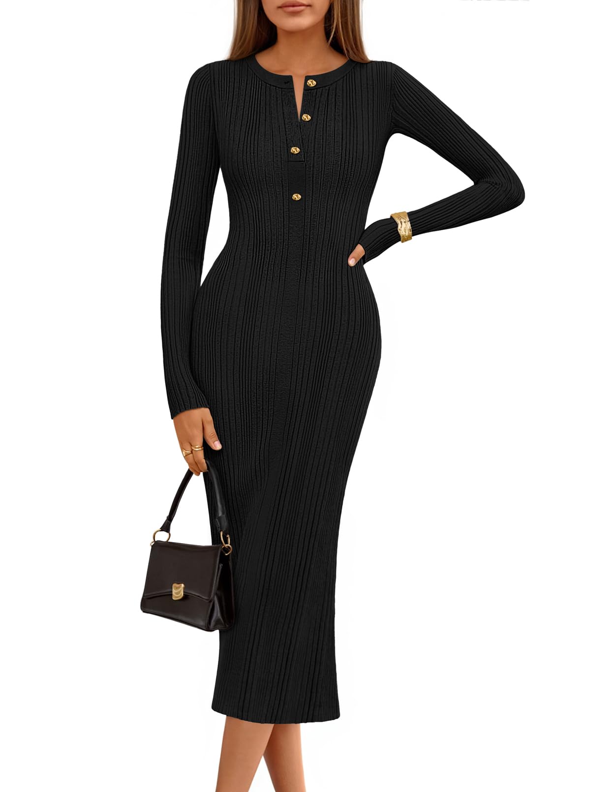 MEROKEETY Womens Bodycon Sweater Dress 2025 Fall Winter Long Sleeve Button Crew Neck Ribbed Knit Midi Work Dresses