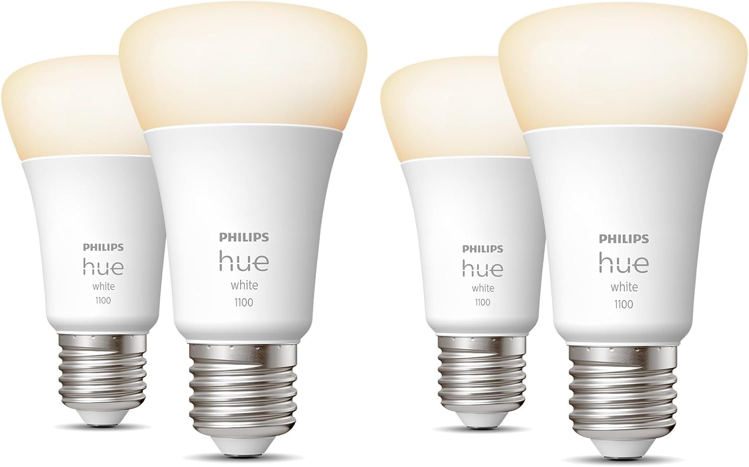 Philips Hue White 4 Lampadine Smart LED, Attacco E27, 9.5W, Luce Bianca, Dimmerabile, Controllo con Bluetooth e Hue App, Funziona con Alexa, Google Assistant e Apple HomeKit