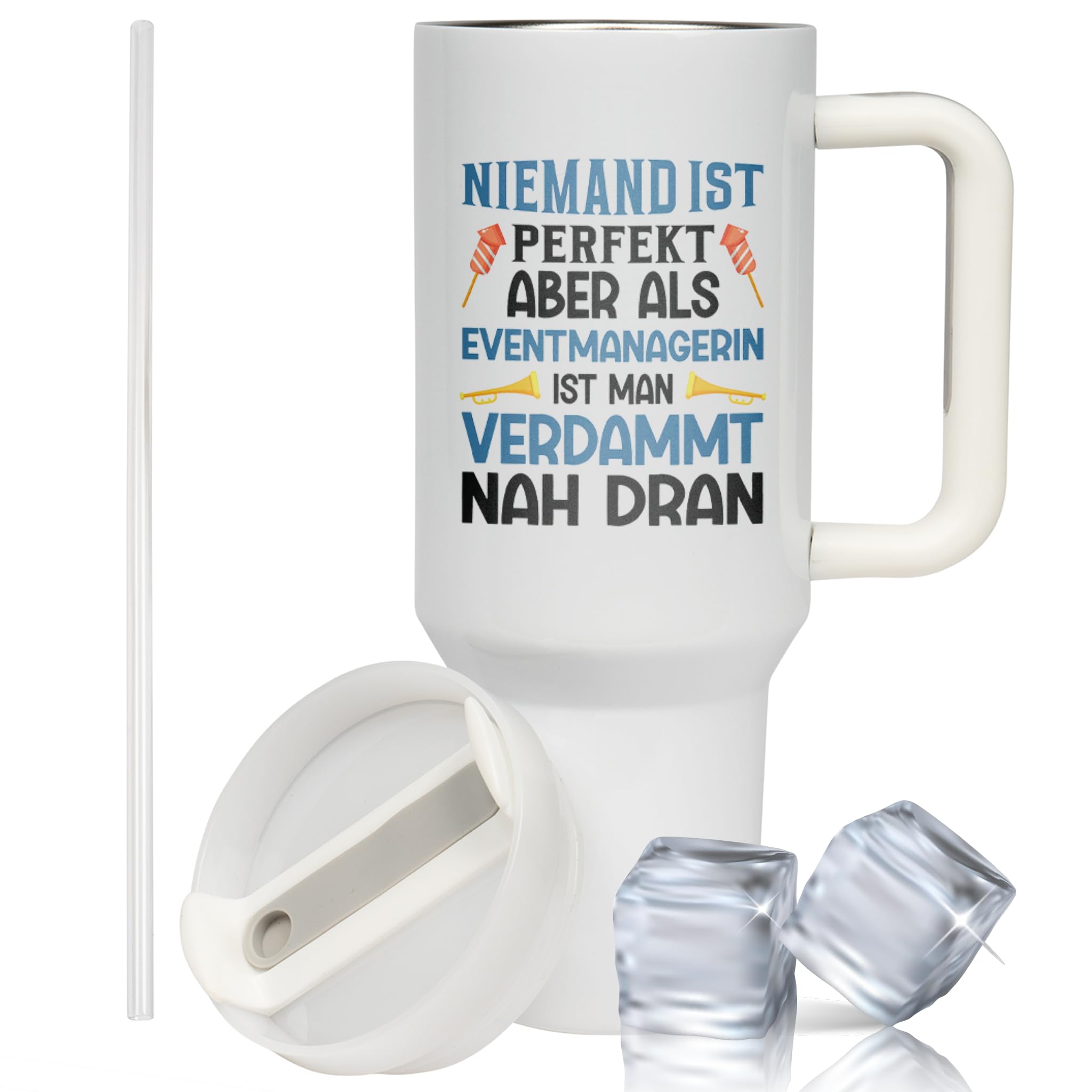 XXL Thermobecher für Eventmanagerin – Lustiges Geschenk zum Geburtstag & Jobwechsel – Edelstahl Trinkflasche, Weiß mit Spruch (WIEDERVERWENDBAR)