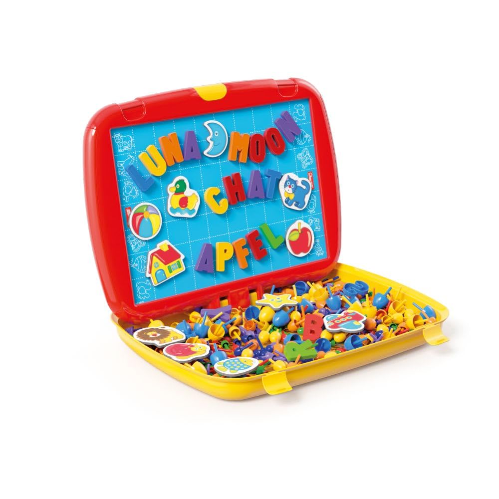 Quercetti Combi con Chiodini per Bambini, 48 Lettere Magnetiche e Pennarelli, Giochi Educativi 4 Anni 2 in 1 Lavagnetta Cancellabile Bambini 4-8 Anni, Sviluppa creatività e Motricità Fine