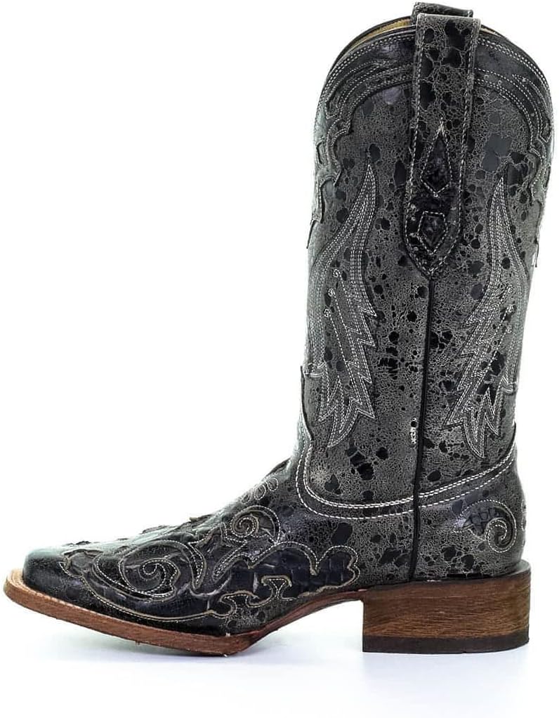 Corral Boots Womens Distressed Embroidered Square Toe Pull On Dress Boots Mid Calf Low Heel 1-2" - Black, Grey