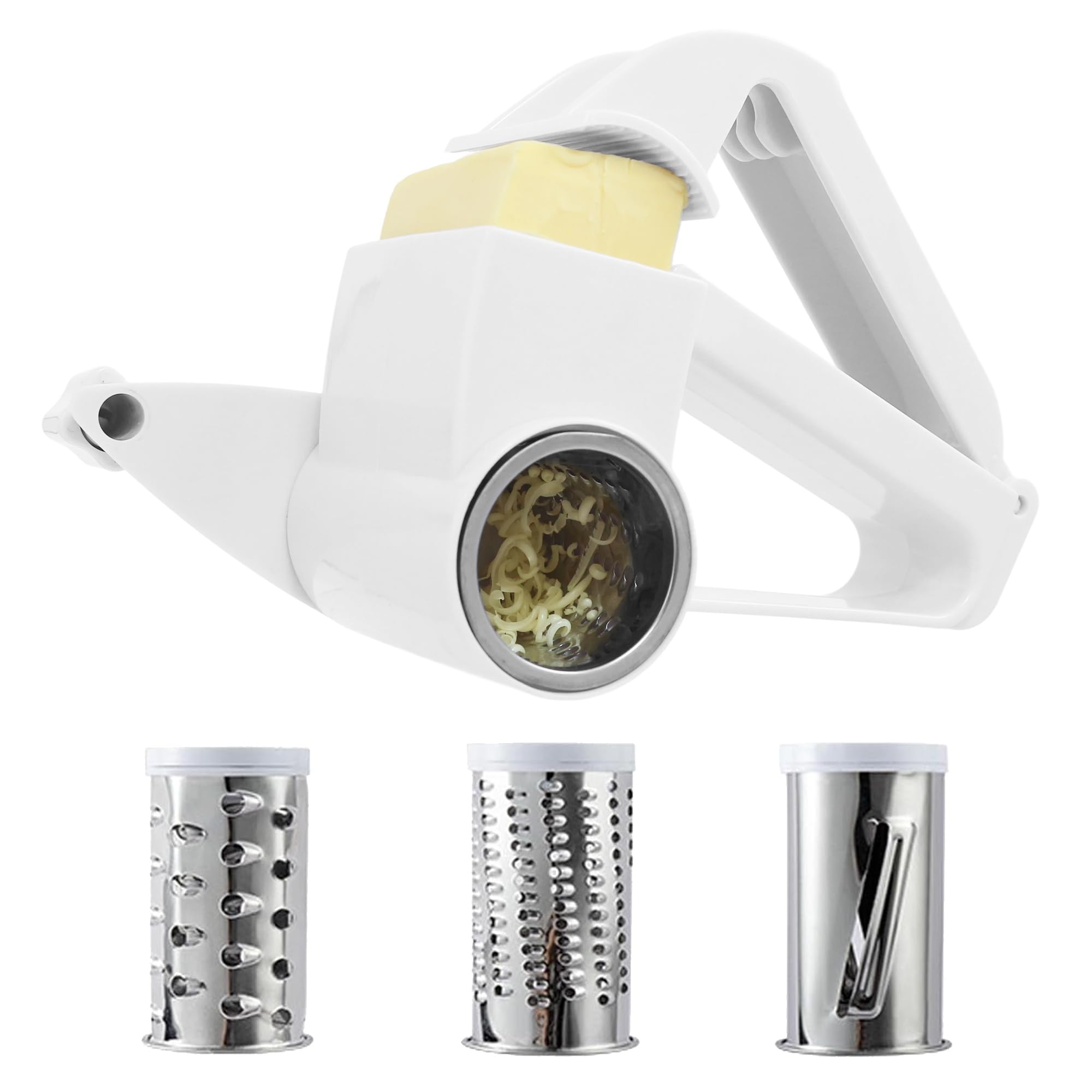 Culinary Chef Gift - Rotary Grater - Handheld with Handle for Olives, Nut, Hard Cheese, Chocolate, Vegetable (White)
