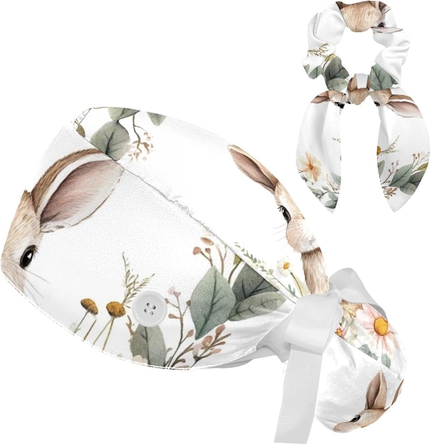 Women Scrub Caps, Cute Baby Animal Bunny Rabbit (2) Surgical Cap with Hair Scrunchy, Adjustable Ponytail Holder Scrub Hat - Image 1 of 6