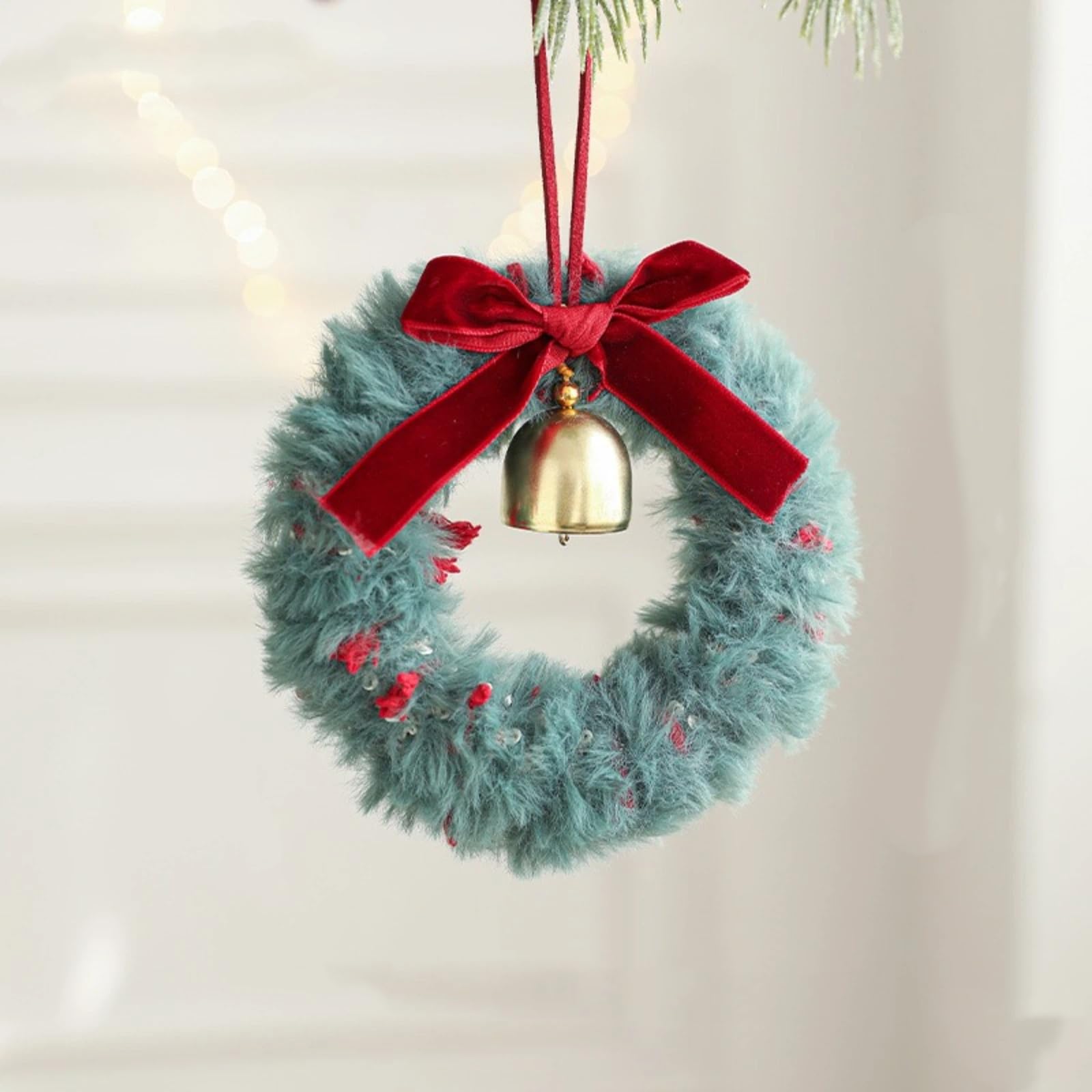 Bell, Bow, Plush Flower Wreath Decoration, Festive Atmosphere Pendant, Ribbon Hanging, Window Decoration