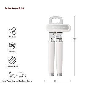 KitchenAid Classic Multifunction Can Opener and Bottle Opener Easy to Use, Razor Sharp Stainless Steel Cutting Wheel, Soft Ergonomic Handles, White