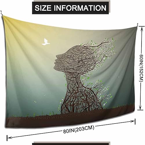 Miniatura 2 de Pznen Tapiz abstracto de retrato de mujer de 80 x 60 pulgadas, silueta de mujer, paloma, primavera, flores blancas, paloma, vibrante brote de árbol,