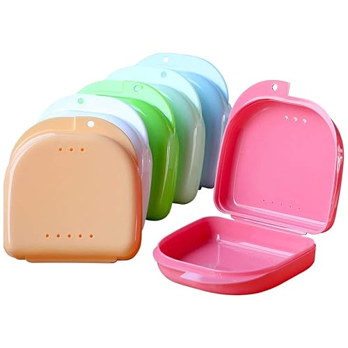 Estuche de retención de 6 piezas, estuche protector bucal, contenedor de almacenamiento de prótesis de ortodoncia, gancho de mosquetón, agujeros de