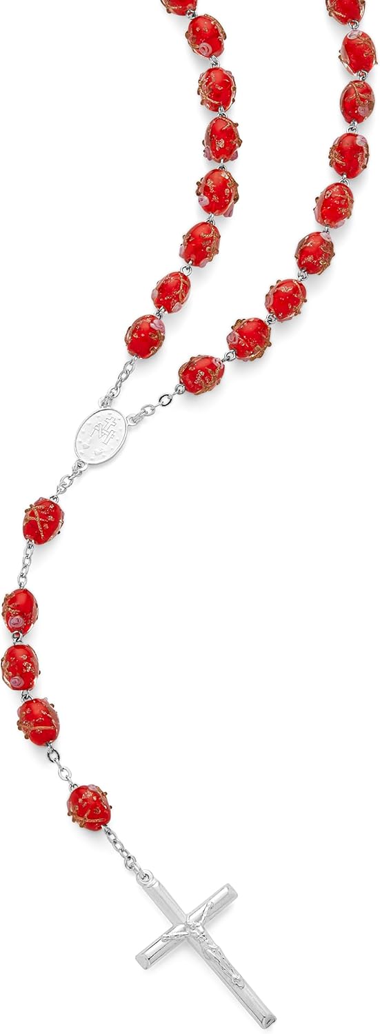 Mondo Cattolico Rosary Beads catholic from Vatican, Vintage Sterling Silver Looked Traditional Rosary of the Miraculous Virgin Mary with decorated relief roses beads in red crystal