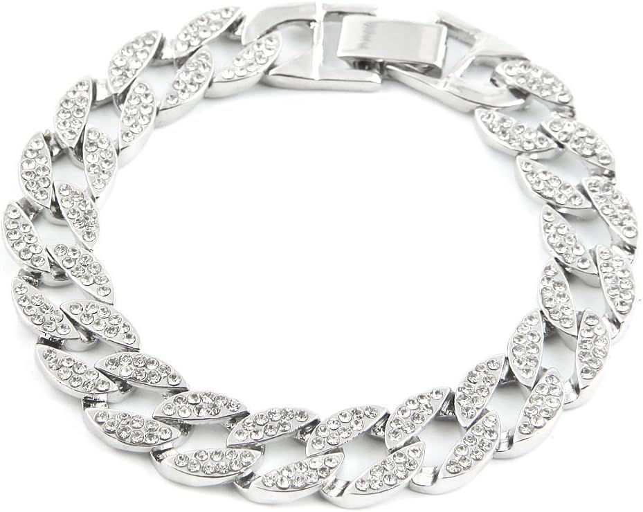 HongBoomHot Hip Hop Jewelry 14K Gold Plated CZ CRYSTAL Fully Iced-Out 15mm 8inch Bracelet (Silver)
