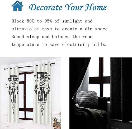 Miniatura 4 de LshyMn Cortina de fitness de 52 x 84 pulgadas, con mancuernas de gimnasio, patrón de ejercicio aeróbico, cortinas de ventana impresas para sala de