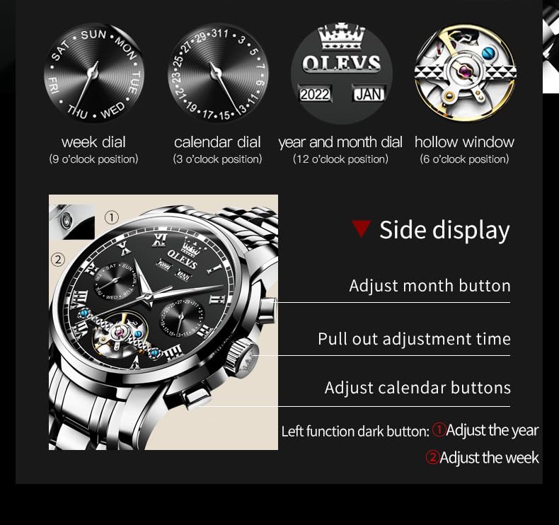 Image of OLEVS Automatic Watch for Men Self Winding Mechanical Luxury Business Stainless Steel Multi Calendar Waterproof Luminous Wrist Watches