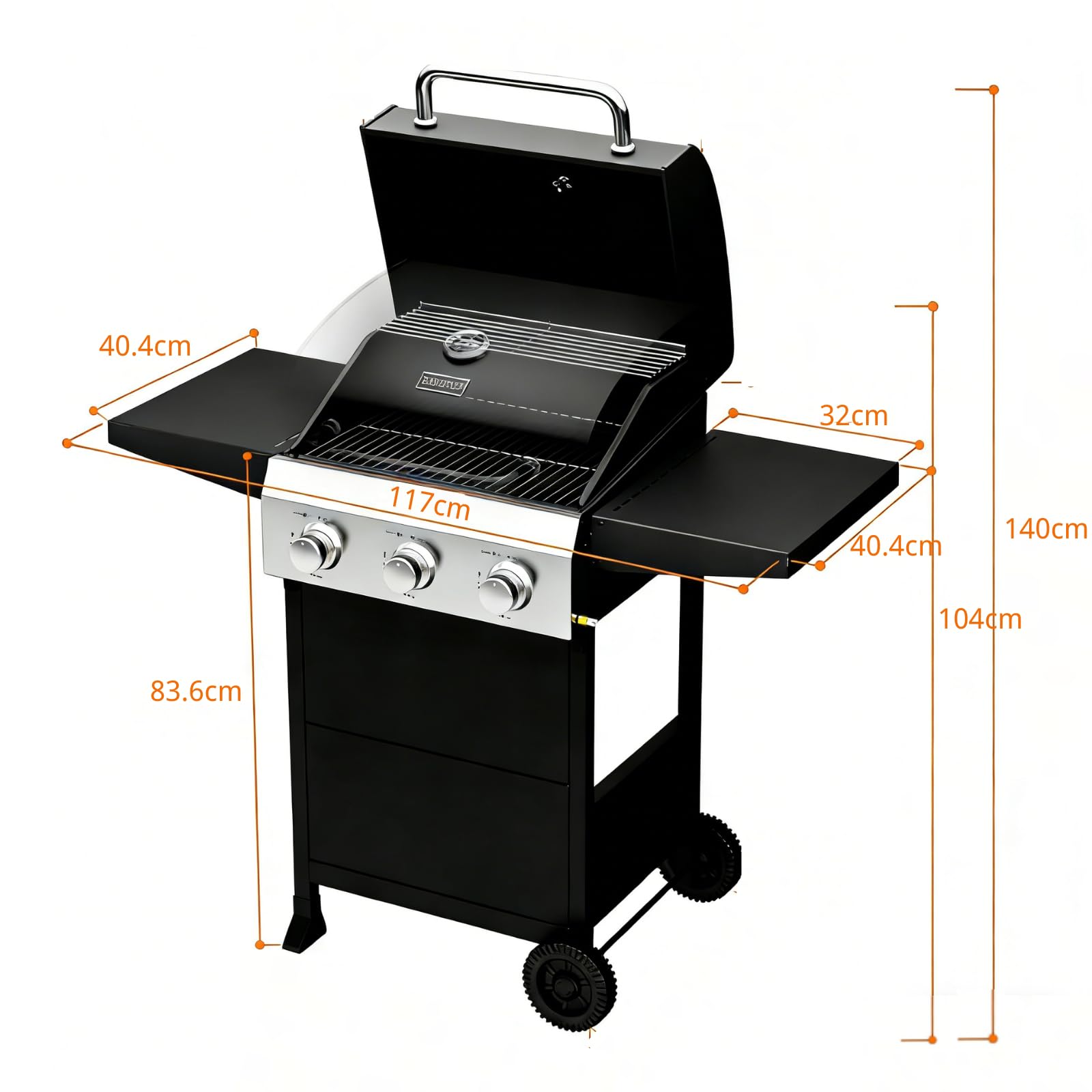 Gasgrill 3 Brenner, Camping Gasgrill 10,5 kW, Grillwagen mit Deckel & 50-mbar-Druckminderer, Gas Grill geeignet für Camping und Grillabende im Garten